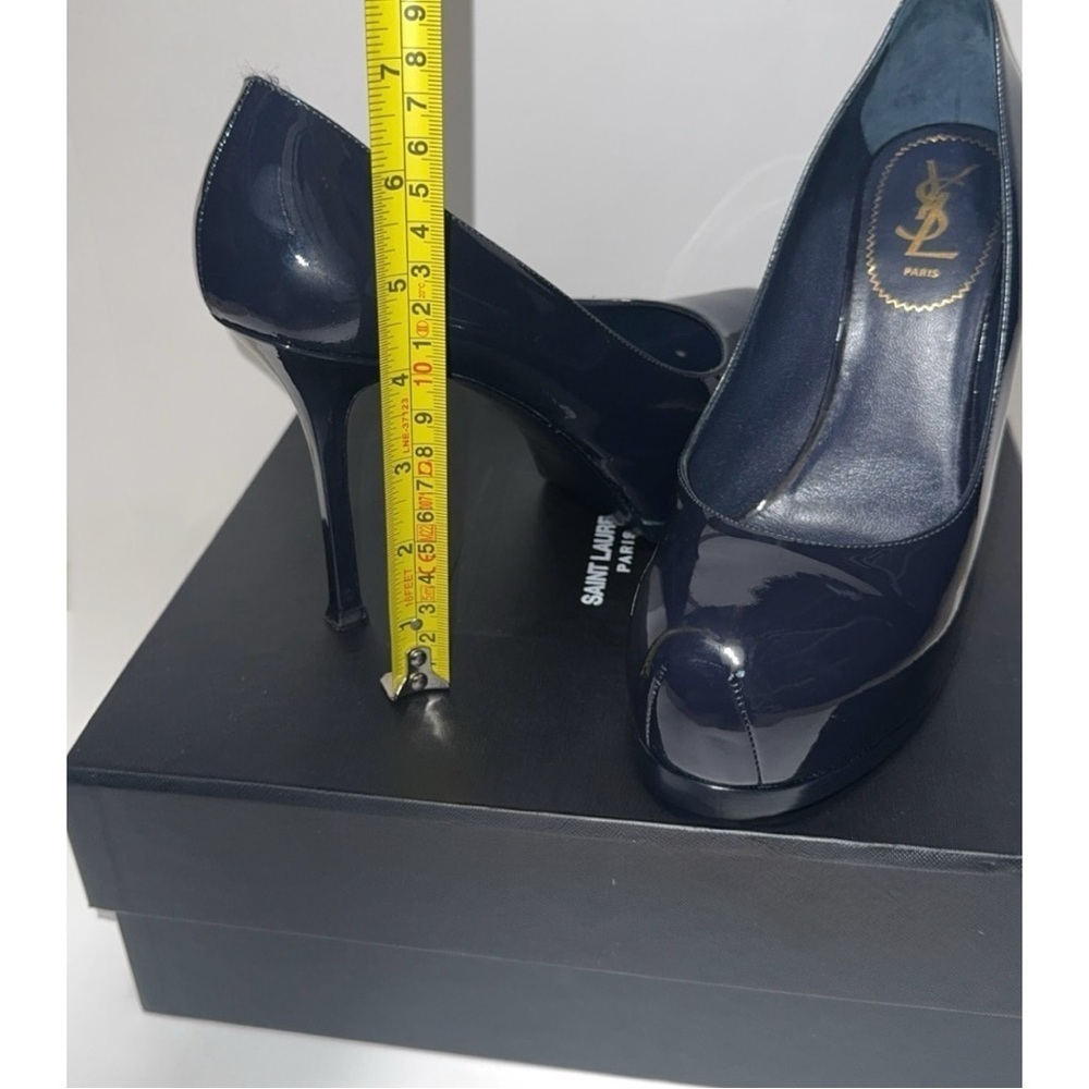 SAINT LAURENT Tribtoo 80 Patent Navy Blue Leather Heel Round Toe Pumps Size 40 - Picture 11 of 16